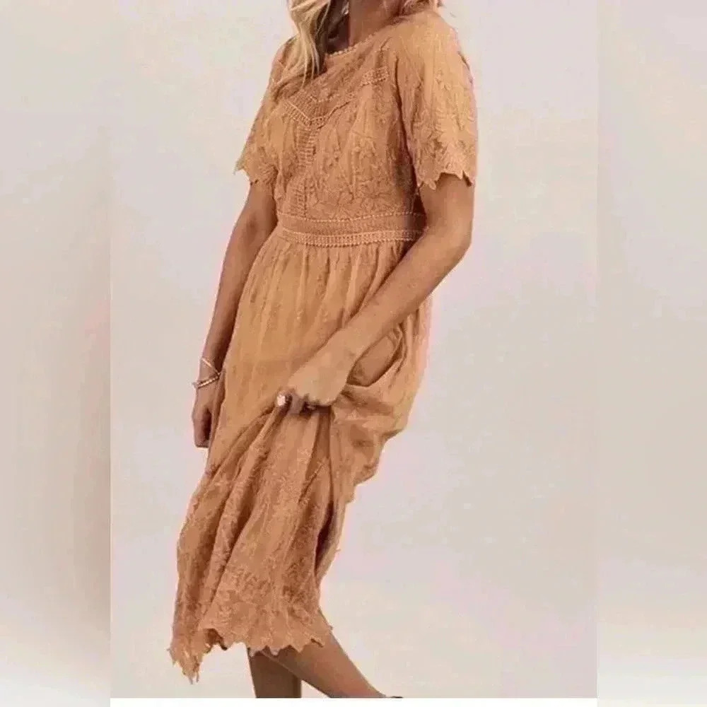 Roolee Womens Dusty Mustard Yellow RoundNeck Embroidered Lace Midi Dress Sz XXXL - Picture 3 of 8